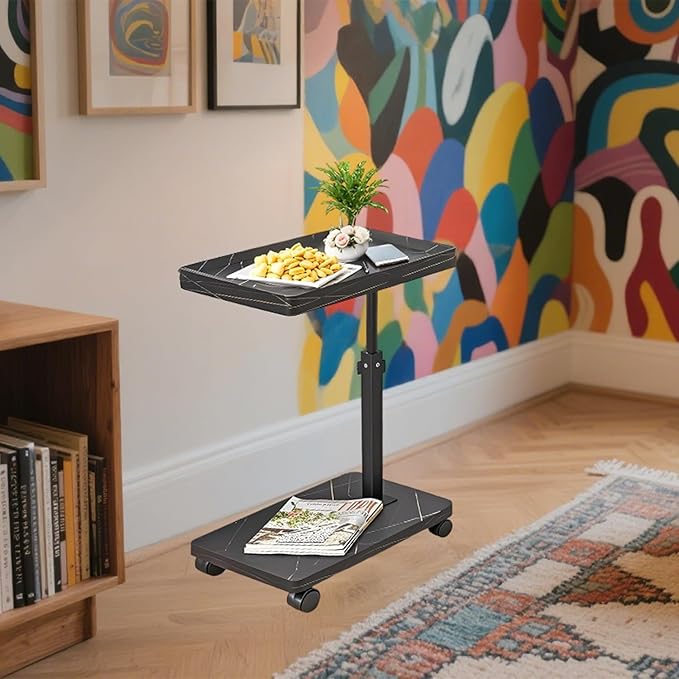 Simcat C Table End Table Adjustable Height, C Shaped Side Table with Wheels, 360° Swivel TV Tray Table, Sofa Side Tables for Small Spaces/Living Room/Bedroom/Bathtub/Hospital