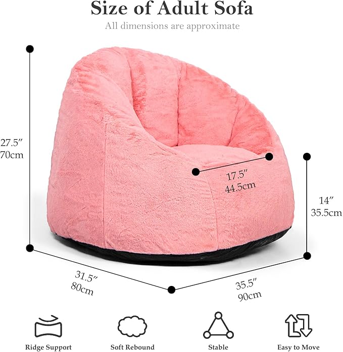 N&V Medium Shell Bean Bag Chair, Adult Size Bean Bag Sack, Foam Filling, Includes Removable and Machine Washable Cover, 37in, Soft Faux Fur, Pink