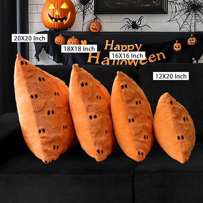 4TH Emotion Halloween Ghost Decorative Lumbar Pillow Covers 12x20 Set of 2, Orange Soft Plush Faux Fur Farmhouse Throw Cushion Cases for Fall Autumn Holiday Home Decorations