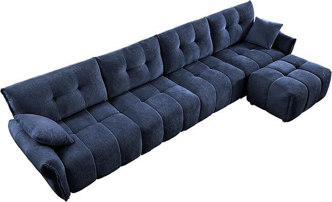 Modern Chenille Fabric 4-Seat Sofa w/Ottoman+2 Pillows, Premium Upholstery Living Room Couch with Tufted Backrest & Comfortable Armrests and High-Resilience Memory Foam Cushions,Blue