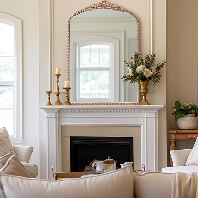 G-LEAF Vintage Baroque Mirror 24"X36", Arched Mantel Victorian Antique Farmhouse Mirror with Ornate Metal Frame for Fireplace Entryway Living Room Hallway Bathroom