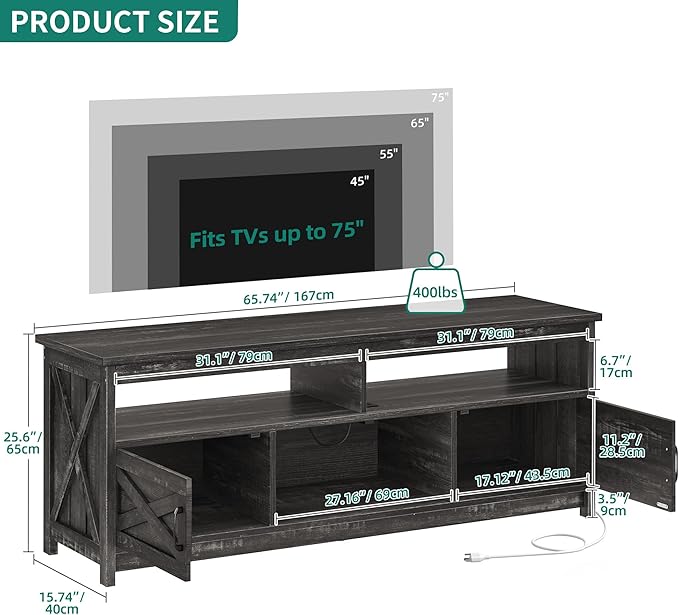 YITAHOME Farmhouse TV Stand for 65/75 Inch TV LED Entertainment Center Television Stand with Power Outlets and Open Shelf, Media Console TV Cabinet for Living Room, Dark Grey