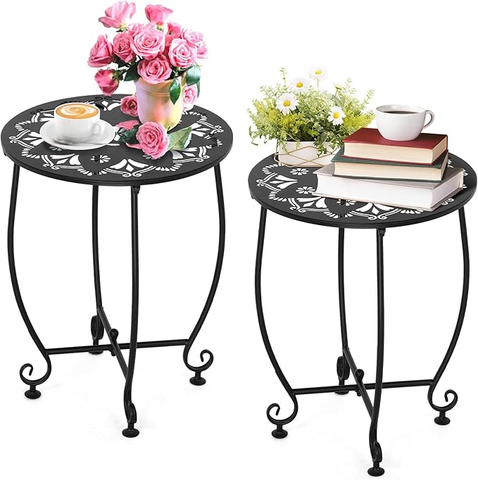 2 Pack Outdoor Side Tables for Patio, Weather Resistant Steel Patio Side Table, Small Round Outdoor End Table Metal Side Table for Patio Yard Balcony Garden Black (Flowers)