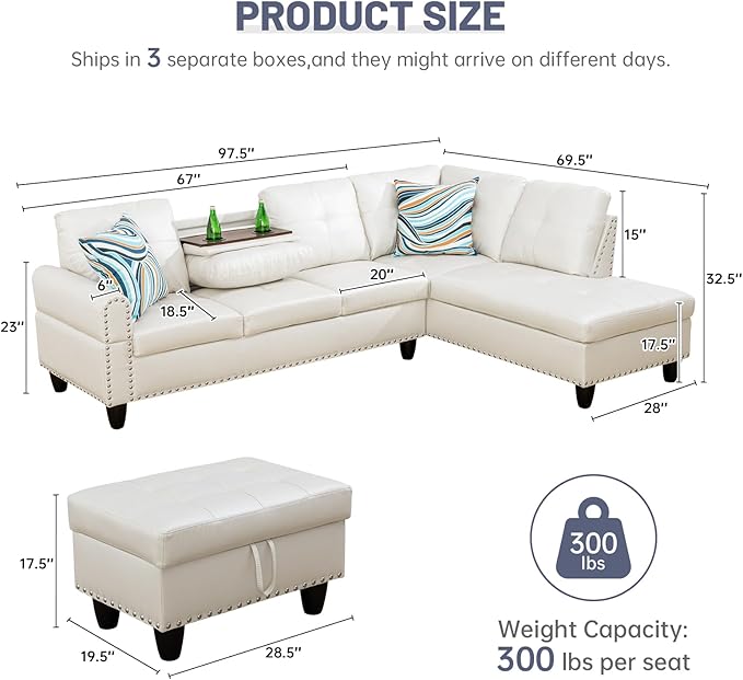 L Shaped Modular Sectional Sofa with Reversible Chaise Lounge, 5-Seater Corner Couch, PU Leather Convertible Sofá w/Movable Ottoman, Cup Holders, 2 Pillows and Rivet Ornament for Living Room