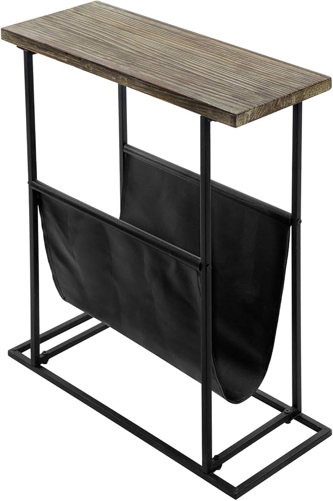 MyGift 21-Inch Modern Narrow Living Room End Table with Hand Torched Solid Wood Tabletop and Black Metal Frame, Bedroom Nightstand Side Table with Magazine Holder Sling