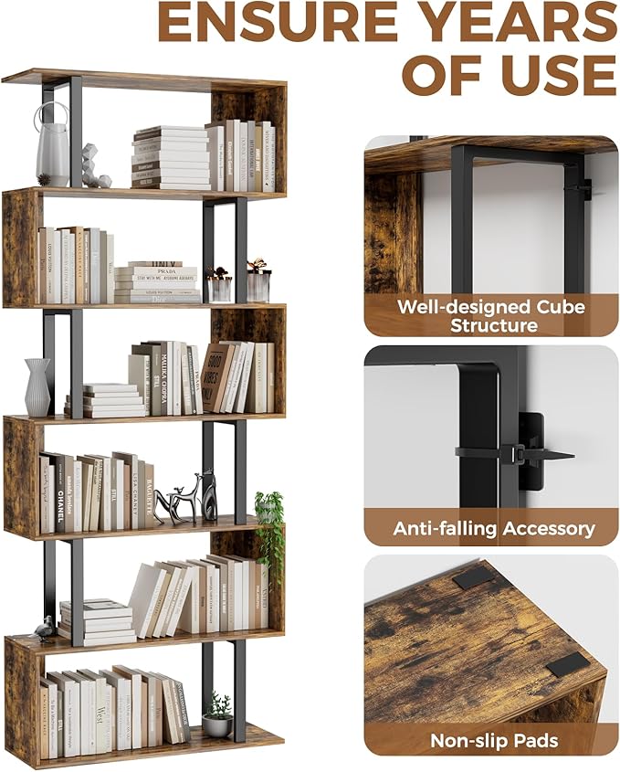 Gadroad 6 Tier Geometric Bookcase,S Shaped Bookshelf, Wood Decorative Storage Shelving, Modern Freestanding Display Shelves, Tall Book Shelf Unit for Living Room Bedroom, Rustic Brown