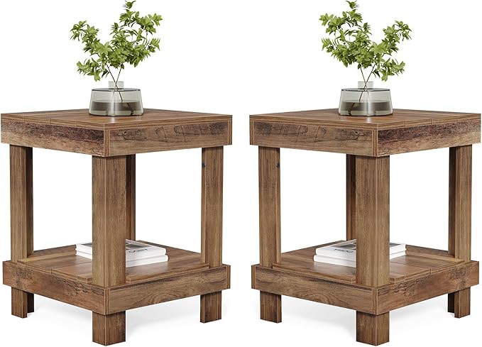 LITTLE TREE End Table Set of 2, All Wooden 2-Tier Square Side Table with Storage Shelves, Farmhouse Style Side End Table for Living Room, Small Bedside Table Nightstand for Bedroom, Reclaimed Natural
