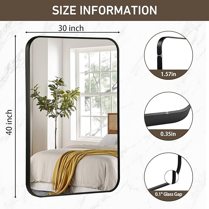 Black Bathroom Mirror, 40x30 Inch Matte Black Mirror, Aluminum Alloy Framed Vanity Mirror, Rounded Rectangle Bathroom Mirror for Over Sink, Anti-Rust Wall Mirror (Horizontally or Vertically)