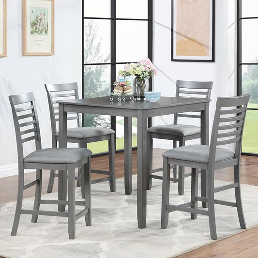 KEIKI 5-Piece Counter Height Dining Table Set with Square Table and 4 Upholstered Ladder Backrset Chair, for 4 Person, Modern Style Wooden Table Set, Easy Assembly, for Kitchen, Dining Room, Gray