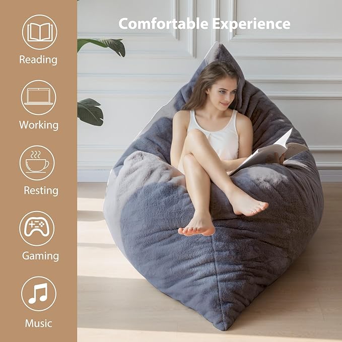 BYBYME 3 in 1 Bean Bag Chair, Convertible Chair Folds from Bean Bag to Lounger, High-Density Foam Filling, Faux Fur Big Sofa Bed, Giant Bean Bag Chair Bed for Adults