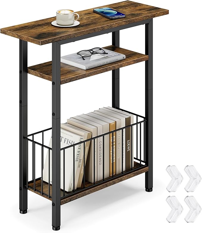 Vagusicc Narrow Side Table, 3-Tier Skinny End Table for Couch Sofa, Small Side Tables for Small Spaces, Bed Side Table with Storage, 25.2" Tall Slim Nightstand for Living Room, Bedroom, Rustic Brown