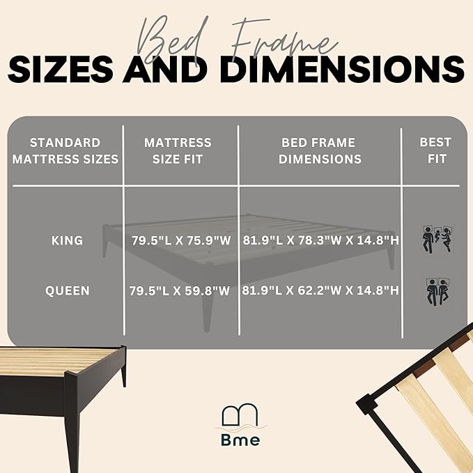 Bme Dinkee King Platform Bed Frame Wood 15 Inch - Solid Wood Bed Frame - Modern & Minimalist Style - 12 Strong Wood Slat Support - Easy Assembly - No Box Spring Needed - Black