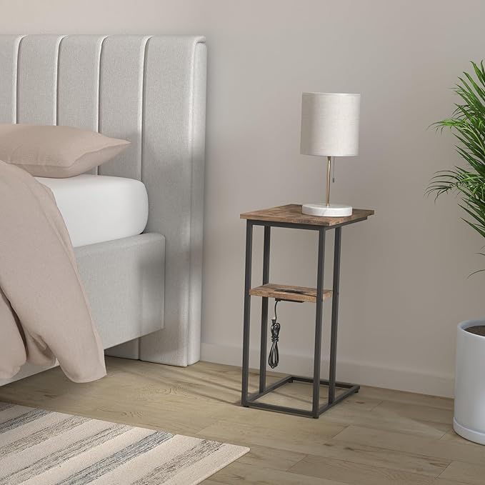 Innerjoin Side Table with Charging Station Set of 2, C Shaped End Table with LED Light Strip, Fast Charge Type C & USB Ports, Small Sofa Snack Laptop Side Table for Living Room Bedroom, Rustic Brown