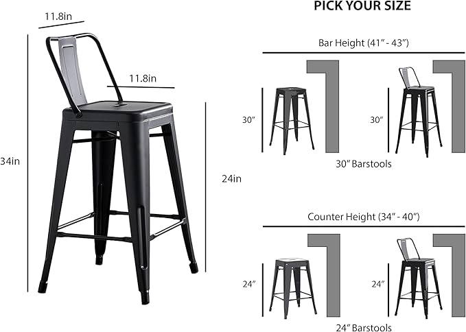 AC Pacific 24” Metal Barstool Set of 4 – Country Rustic Style with Low Back, Lightweight & Sturdy Build, Easy Assembly – Matte Black