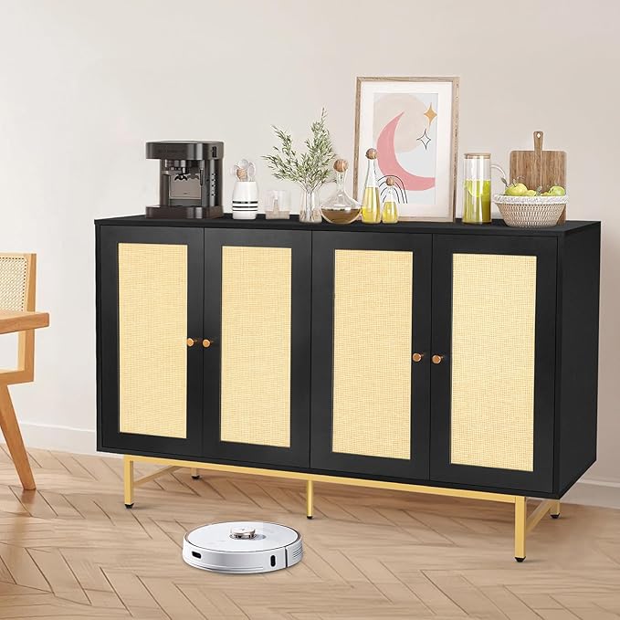 Sideboard Buffets Cabinet with 4 Rattan Doors, Large Storage Accent Cabinet Credenzas Modern Console Table for Living Room, Kitchen (Black)