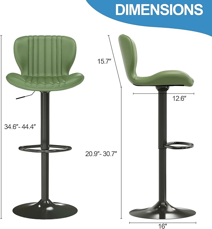 Shintenchi Bar Stools Set of 6 Modern Swivel Bar Chairs, Counter Height Faux Leather Metal Barstools, Upholstered Island Chairs with Back and Footrest, Green