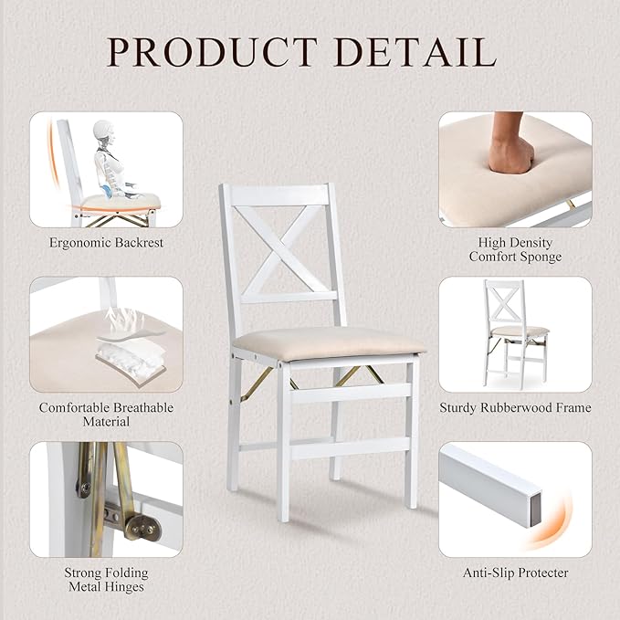 COLAMY Folding Dining Chairs Set of 4 – White Wooden Dining Room Chairs for Small Spaces, Pre-Assembled, Space Saving Kitchen & Dining Room Furniture, Indoor Outdoor Use