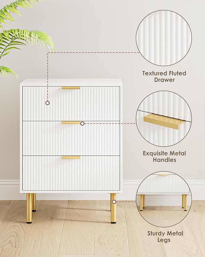 Night Stand,Tall Bedside Table with 3Storage Drawers,White Nightstand,Bedside Furniture,Side Table with Gold Frame,End Table for Bedroom,Living Room (Modern-3drawers, White)