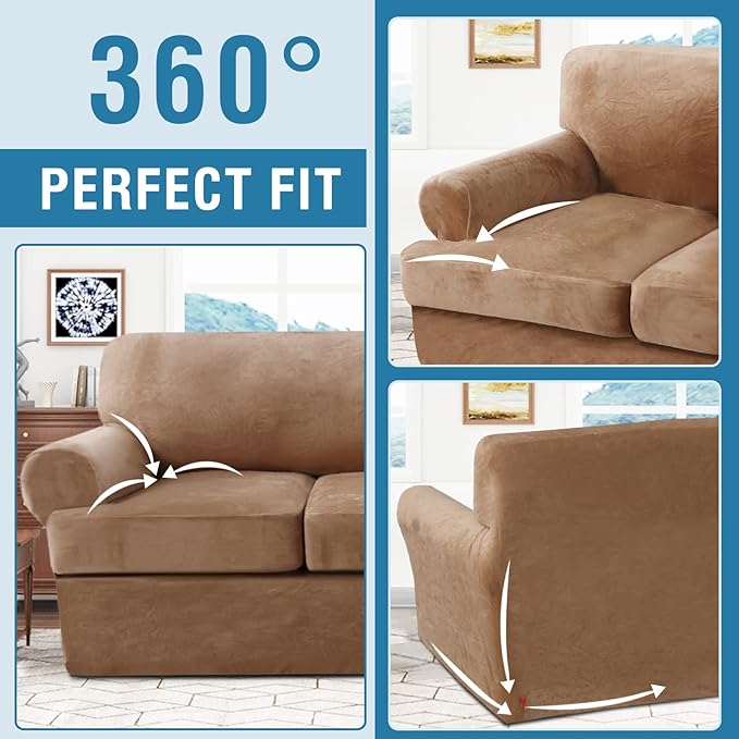 H.VERSAILTEX Sofa Cover 3 Piece T Cushion Sofa Slipcovers Thick Velvet Couch Cover Furniture Protector Stretch T Cushion Sofa Covers for 2 Cushion Couch with 2 Individual T Cushion Covers, Camel