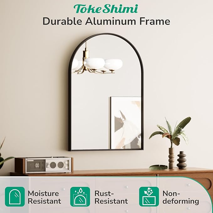 TokeShimi 26x38 Black Arched Mirror Bathroom with Tempered Glass,Aluminum Frame,Arched Wall Mirror for Bathroom,Bedroom,Entryway