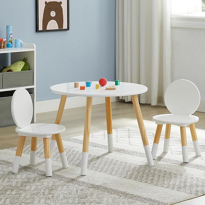 VECELO Round Table and Chair Set Playroom Furniture Wooden, Modern Minimalist Design, Compact Size, Easy Assembly, White