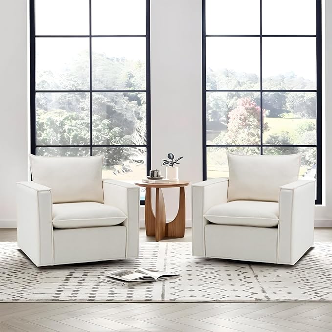 Swivel Accent Chair, 34 Inches Wide Upholstered Arm Chair with Plump Back Pillow, Modern Sofa Living Room Chair for Bedroom, Corner, Reading Nook-Beige