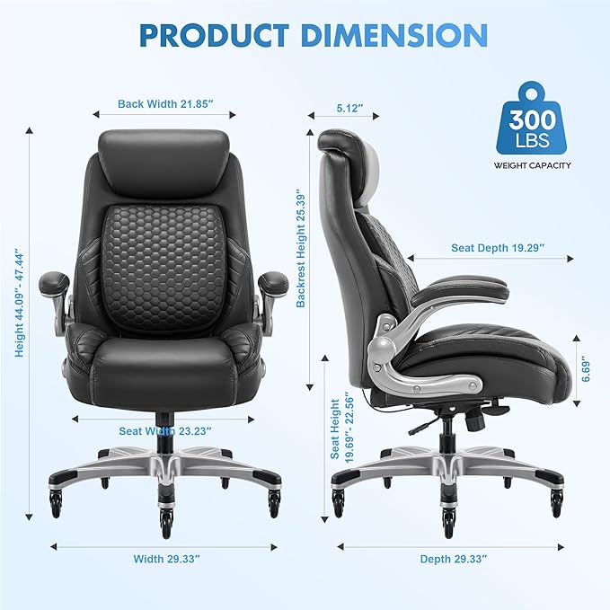 COLAMY Office Ergonomic Desk High Back Executive Chair with Pop-Out Lumbar Support, Upgraded Casters, Adjustable Headrest, Flip-Up Arms, Leather Home with Thick Cushion for Comfort - Black