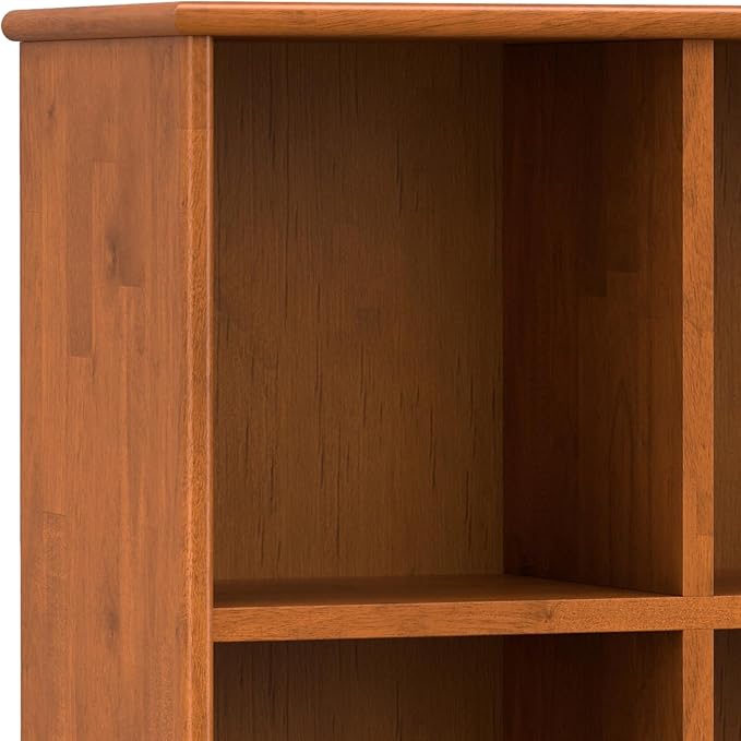 SIMPLIHOME Draper Console Table - 57 Inch Wide Solid Hardwood 8-Cube Sofa Table in Teak Brown, Mid-Century Modern Bookcase for Entryway or Living Room with 8 Open Storage Cubbies and Tapered Legs