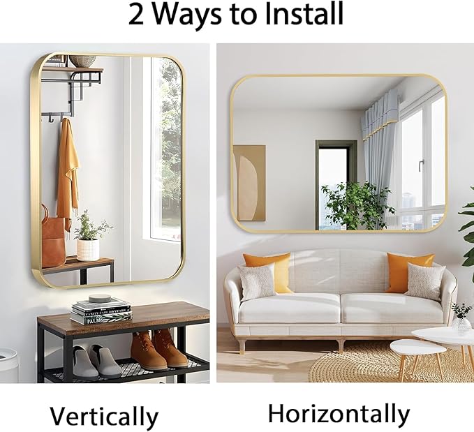 24x32 Inch Gold Bathroom Mirror, Brushed Gold Metal Framed Rectangular Mirror with Rounded Corner, Bathroom Vanity Mirror for Bedroom or Living Room, Horizontal/Vertical