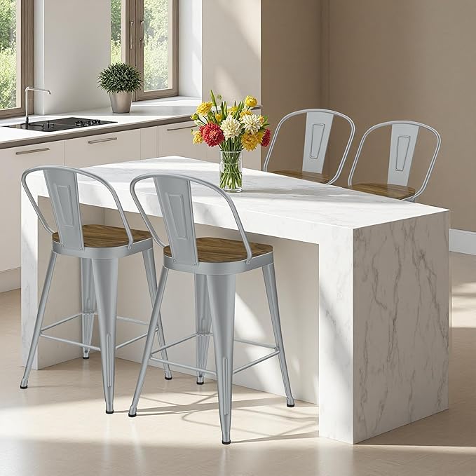Metal Bar Stools Set of 4, High Back Bar Stools with Wooden Seat, 30 inch Silver Barstools for Kitchen Island