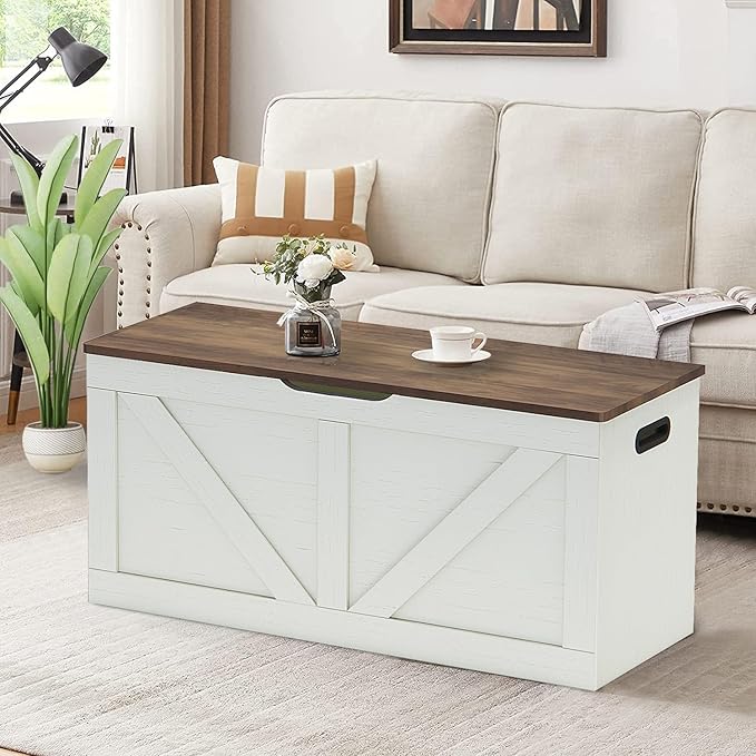 39.4" Storage Chest, Wooden Storage Bench, Large Storage Trunk with 2 Safety Hinges, Entryway Shoes Bench for Living Room, Bedroom, Brown and Rustic White