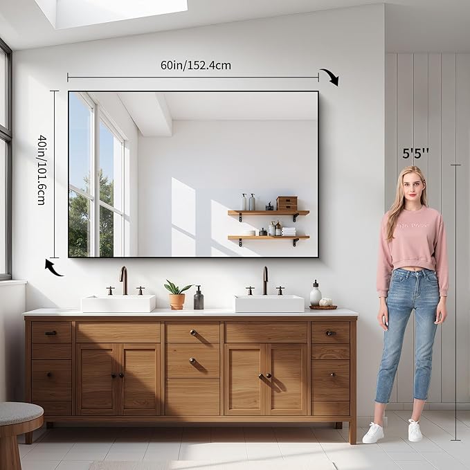 YIROMAN Bathroom Mirror 60"x40", Large Brushed Gold Bathroom Mirror for Over Sink with Aluminum Frame, Rectangular Vanity Mirror with Right Angle, Wall Mirror Hangs Horizontal or Vertical