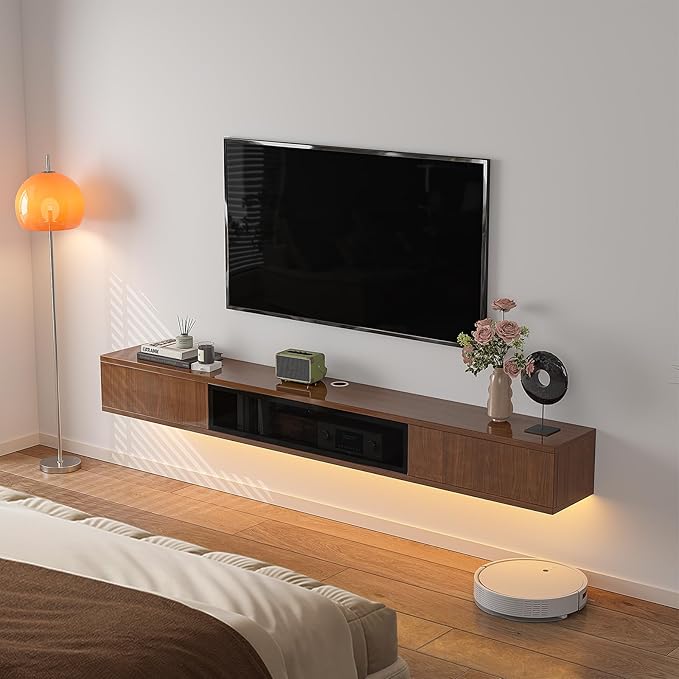 High Gloss Floating TV Stand,78'' Wall Mounted TV Console,Under TV Floating Shelf,Floating TV Cabinet with 3 Doors for Bedroom Living Room(Walnut)