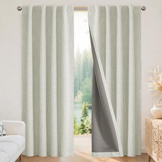 Joydeco 100% Blackout Curtains for Bedroom - Natural Linen Curtains 52" W x 63" L Long, Thermal Insulated 2 Panels Light Beige. Room Darkening Light Blocking Drapes for Living Room