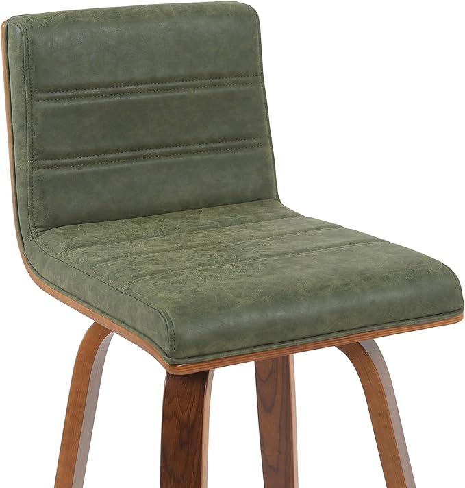 Armen Living Vienna Modern Swivel 26" Counter Height Barstool with Vintage Green Faux Leather and Walnut Wood Finish