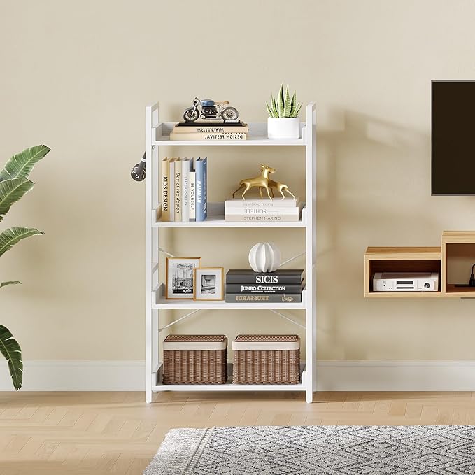 Rolanstar Bookshelf 4 Tier with 4 Hooks, Industrial Bookcase, Vintage Storage Rack with Open Shelves, Rustic Standing Bookshelves Metal Frame Display Rack for Living Room, Bedroom, White