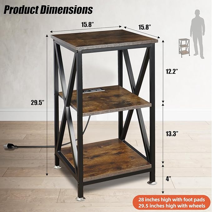 Square End Table with Charging Station, 3-Tier End Table Living Room, 16" D X 16" W X 28" H, Wood and Metal Table with USB Ports and Outlets, Side Table with Wheels for Living Room, Bedroom, Kitchen