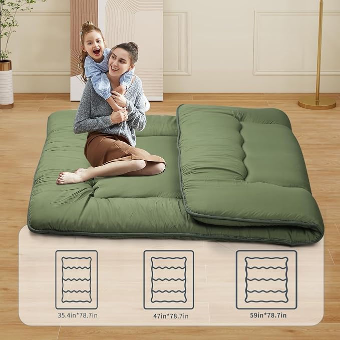 Japanese Floor Mattress,Roll Up Memory Foam Tatami Mat Easy to Store and Portable,Futon Mattress Suitable for Camping and Guest Room (Green, Full (80" X 47"))