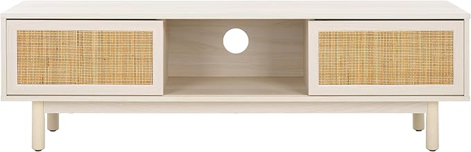 SAFAVIEH Aino TV Stand for up to 60" Flatscreen – Bleached White & Natural Rattan, 2 Sliding Doors with Interior Storage, 1 Open Shelf, Entertainment Media Console (MED9619C)
