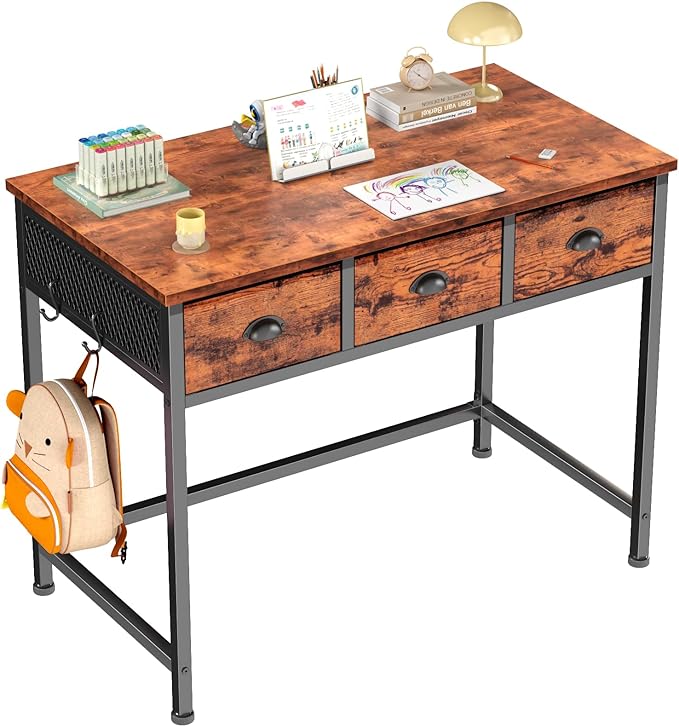 Furologee Small Computer Desk with 3 Fabric Drawers, 40 Inch Simple Home Office Desk, Writing Desk with Hooks, Study Table for Working Small Spaces, Makeup Desk for Bedroom, Rustic Brown
