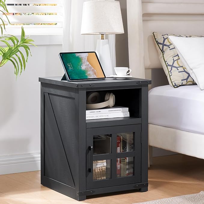 Farmhouse Nightstand with Charging Station, Rustic End Table with Tempered Glass Barn Door, Wood Sofa Side Bedside Table with Open Storage Shelf for Living Room, Bedroom (Black)