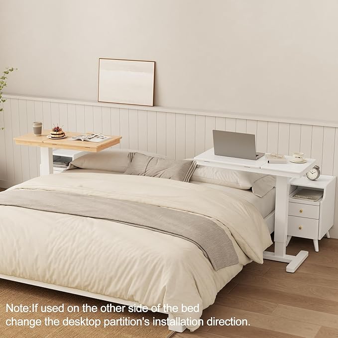 Solid Wood Overbed Bedside Table with Wheels, Adjustable Medical Tilt Top Hospital Bed Table Over The Bed, Rolling Laptop Desk, Mobile Standing Desk for Hospital and Home Use (White)