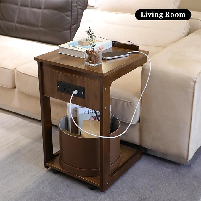 C Shaped End Table with Charging Station, Small Side Table for Couch, C Table with Wheels and Adjustable Desktop, Wooden Couch Table for Living Room, Bedroom (Brown)