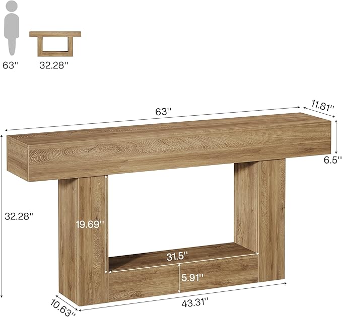 Tribesigns 63" Console Table, Farmhouse 2-Tier Entryway Table with U-Shaped Base, Narrow Long Wood Sofa Table Behind Couch Table for Living Room, Hallway, Foyer, Light Brown
