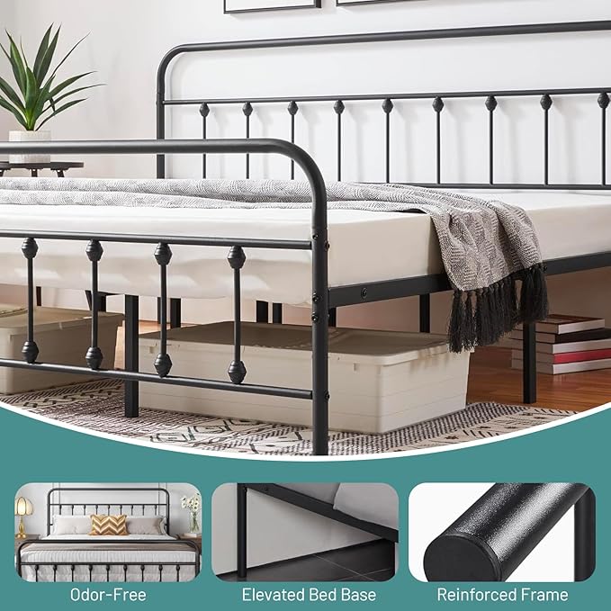 Full Size Bed Frame-Classic Metal Platform Bed Frame Mattress Foundation with Victorian Style Iron-Art Headboard/Footboard/Under Bed Storage/No Box Spring Needed/Black