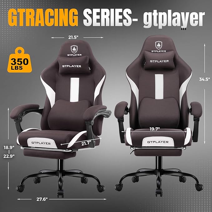 GTRACING Gaming Chair with Foot Rest & Pocket Spring Cushion, Breathable Fabric for Home Office Desk, Ergonomic High Back Computer Chair with Headrest & Lumbar Support, Brown