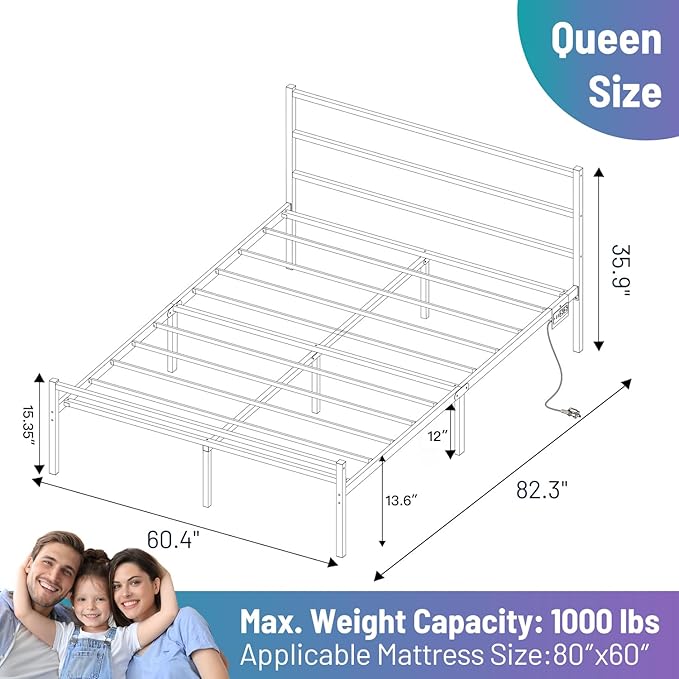 Queen Bed Frame with Headboard,Heavy Duty Steel Slats Support-LED Bed Frame with USB Charging Station,Mattress Foundation-Under Bed Storage,No Box Spring Needed,Noise Free，Black