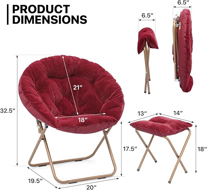 MoNiBloom Round Folding Faux Fur Saucer Chair for Bedroom Living Room Dorm Foldable Metal Frame Oversized Large Comfy Furry Padded Soft Cozy Moon Chair with Footrest Ottoman for Adults (Burgundy)