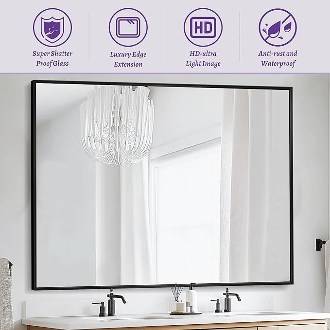 Bathroom Mirror, 55" x 36" Wall Mirror, Rectangular Aluminum Alloy Frame Contemporary Hanging Mirror for Living Room Bathroom, Black Rectangle Corner