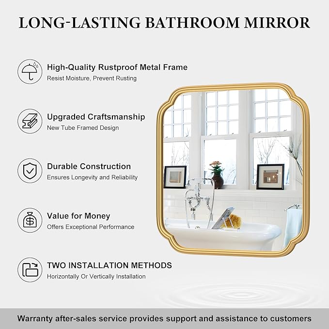 Gold Bathroom Mirror for Wall 24" x 24" Modern Rounded Corner Square Mirror with Non-Rusting Iron Metal Framed Bathroom Vanity Mirror for Over Sink Wall Decor Horizontal/Vertical